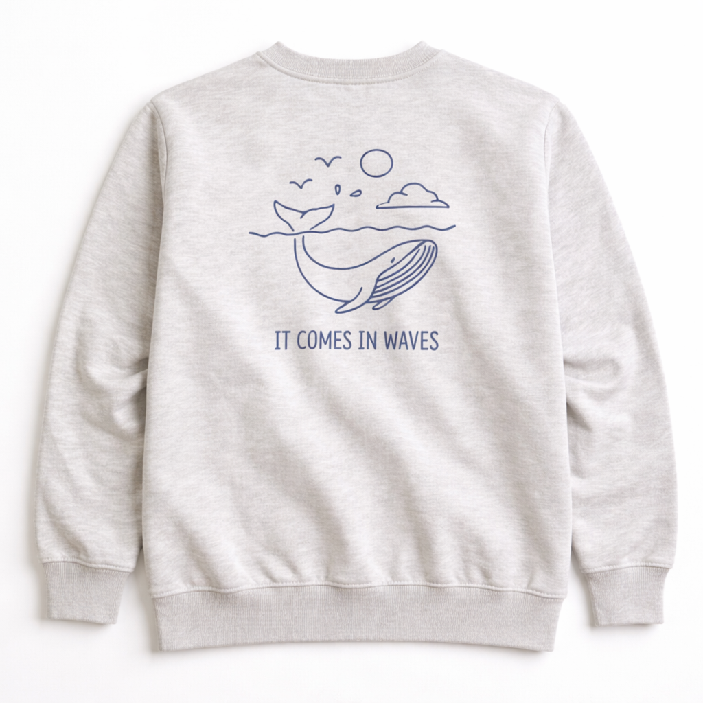Men’s “It Comes in Waves” Whale Graphic Crewneck Sweatshirt